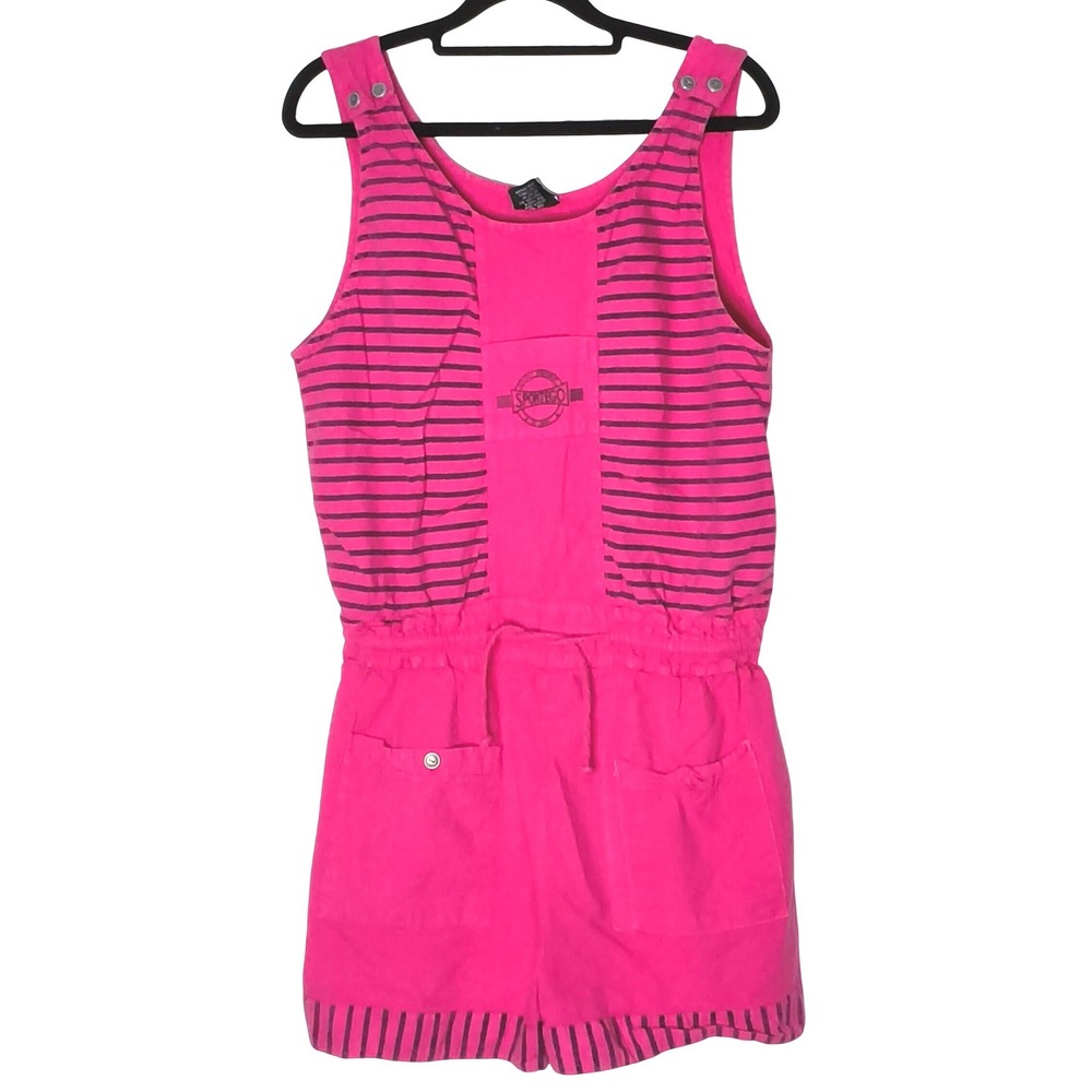 Sportego Romper Women Large Pink Striped Vintage 90s Sleeveless Cotton Shortalls
